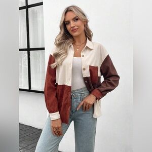 SHEIN LUNE Color Block Patched Pocket Drop Shoulder Corduroy Shirt